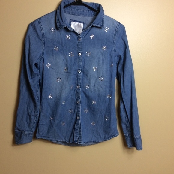Justice blue chambray long sleeve button down shirt Embellished Size 12. - Picture 2 of 7
